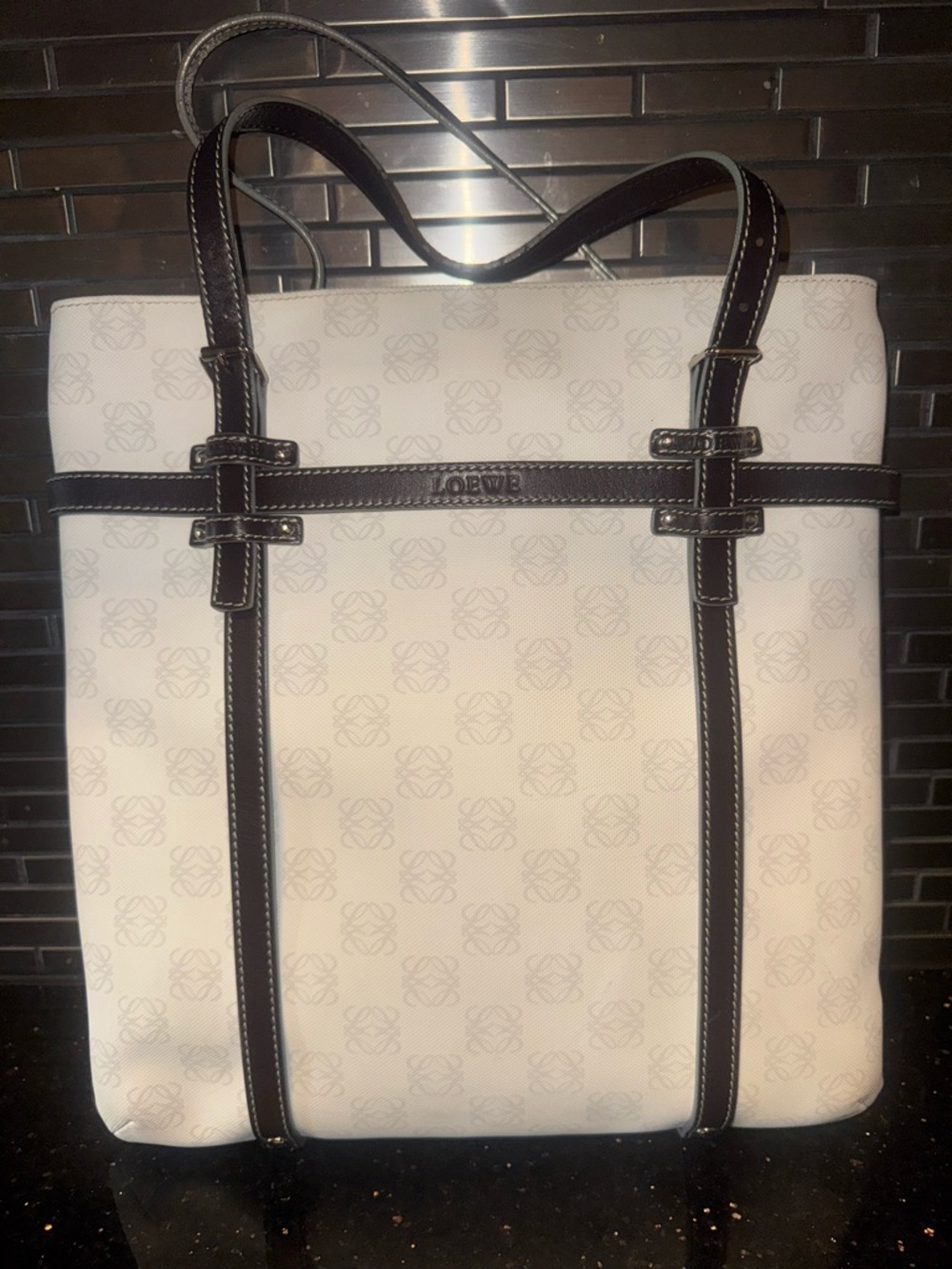 Loewe White Canvas Tote with Brown Leather Trim